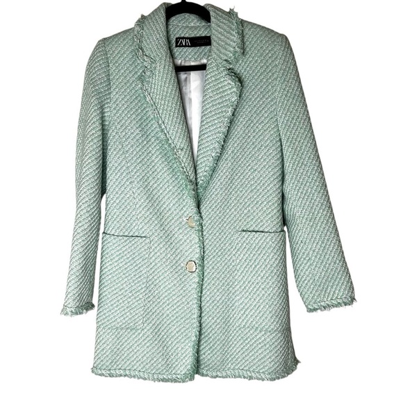 Zara Green White Tweed Textured Long Blazer-Small - Picture 5 of 15